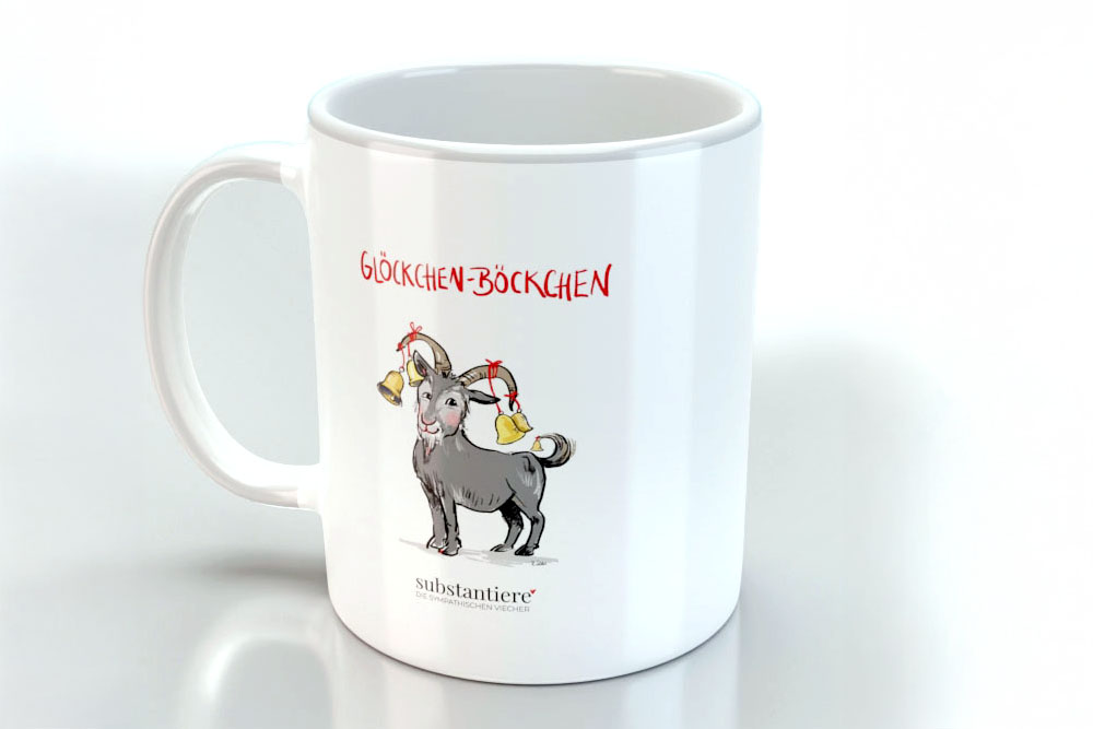 Weisse Tasse mit dem Motiv: Glöckchen-Böckchen