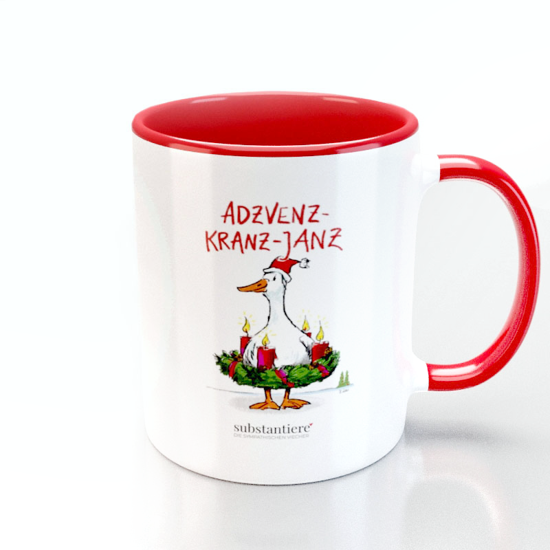 Tasse mit dem Motiv: Adzvenz-Kranz-Janz, aussen weiss, innen rot