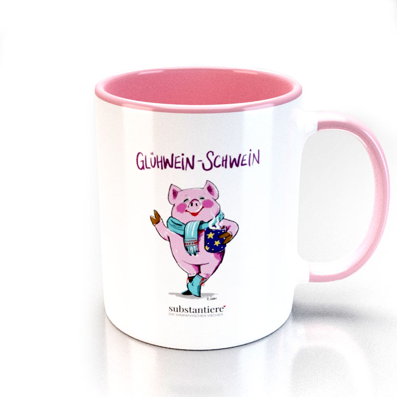 Weisse Tasse, innen rosa, mit dem Motiv „Glühwein-Schwein“