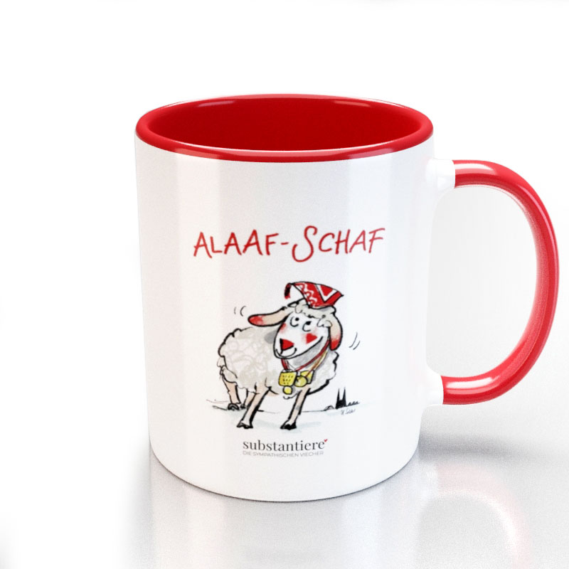 Weiße Tasse, innen rot, mit rotem Henkel und „Alaaf-Schaf“-Motiv
