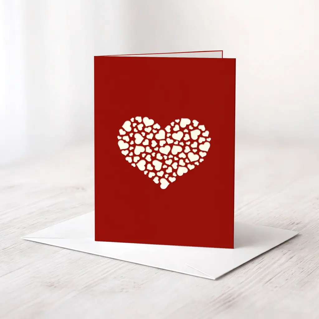 Rote Karte mit einem ausgelaserten Herz in der Mitte das wiederum aus vielen kleinen Herzen besteht.