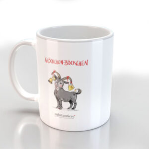 Tasse außen weiss und bedruckt mit dem „Glöckchen-Böckchen“, innen weiss