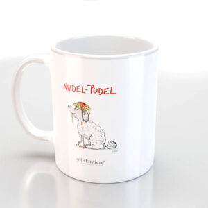 Tasse innen weiß und außen mit dem „Nudel-Pudel“ bedruckt.