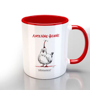 Tasse außen weiss, mit der „Antenne-Henne“ bedruckt, innen rot