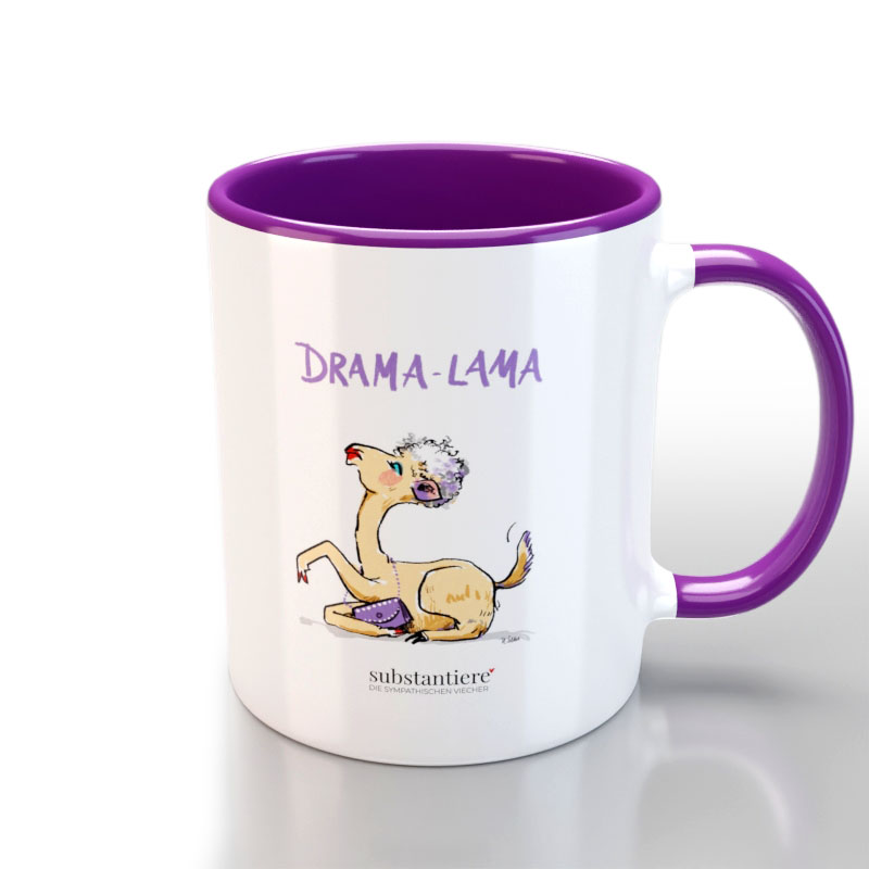 Tasse außen weiss und mit dem „Drama-Lama“ bedruckt