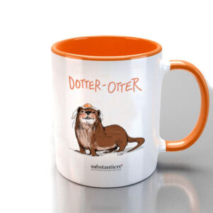 Tasse außen weiss, bedruckt mit dem „Dotter-Otter“, innen orange