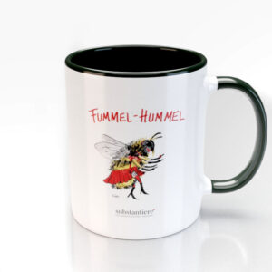 Tasse außen weiss, bedruckt mit der „Fummel-Hummel“, innen schwarz