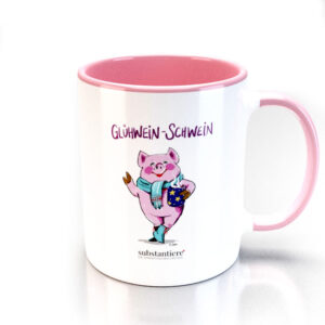 Tasse außen weiss, bedruckt mit dem Glühwein-Schwein“, innen rosa