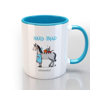 Tasse außen weiss, bedruckt mit dem „Hääd-Pääd“, innen hellblau