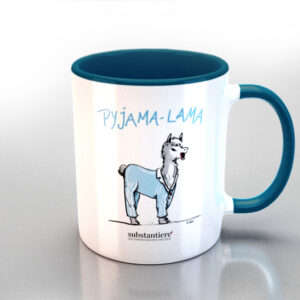 Tasse außen weiss, bedruckt mit dem Pyjama-Lama“, innen dunkel türkis