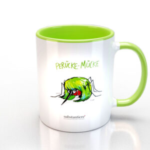 Tasse außen weiss und mit der „Perücke-Mücke“ bedruckt, innen hellgrün