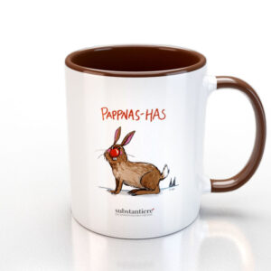 Tasse außen weiss und mit dem „Pappna-Has“ bedruckt, innen braun