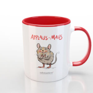 Tasse außen weiss und mit der „Applaus-Maus“ bedruckt, innen rot
