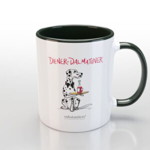 Tasse, außen weiss und mit dem „Diener-Dalmatiner“ bedruckt, innen schwarz