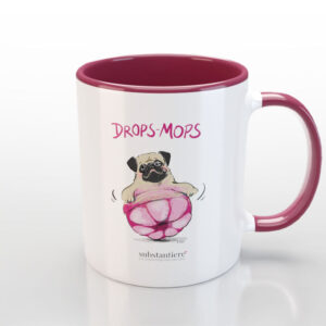 Tasse außen weiss und mit dem „Drops-Mops“ bedruckt, innen dunkelrot