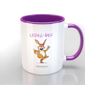 Tasse außen weiss und mit dem „Ekstase-Hase“ bedruckt, innen lila