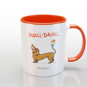 Tasse außen weiss und mit dem Fackel-Dackel“ bedruckt, innen orange-rot