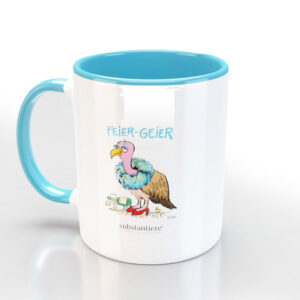 Tasse außen weiss, bedruckt mit dem „Feier-Geier“, innen türkis