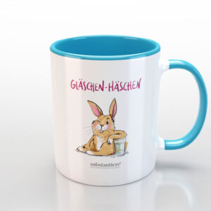 Tasse außen weiss und mit dem „Gäschen-Häschen“ bedruckt, innen hellblau