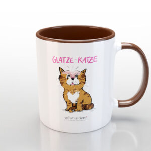 Tasse außen weiss und mit der „Glatze-Katze“ bedruckt, innen braun