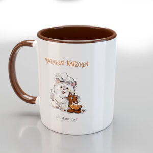 Tasse außen weiss und mit dem „Plätzchen-Kätzchen“ bedruckt, innen braun