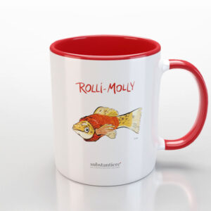 Tasse außen weiss und mit dem „Rolli-Molly“ bedruckt, innen rot