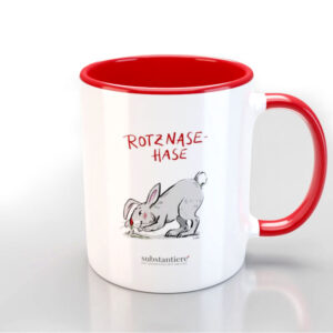 Tasse außen weiss, mit dem „Rotznase-Hase“ bedruckt, innen rot