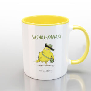 Tasse außen weiss und mit dem „Safari-Kanari“ bedruckt, innen gelb