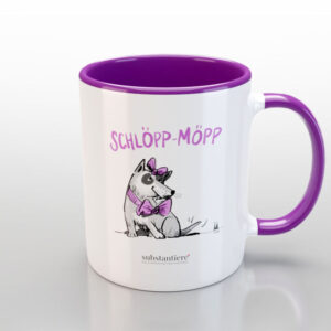 Tasse außen weiss, bedruckt mit dem „Schlöpp-Möpp“, innen lila