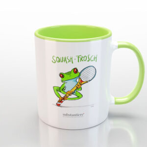 Tasse außen weiß bedruckt mit dem „Squash-Frosch“, innen hellgrün