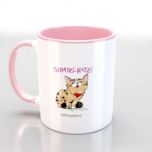Tasse außen weiss, mit der „Schatzi-Katzi“ bedruckt, innen rosa