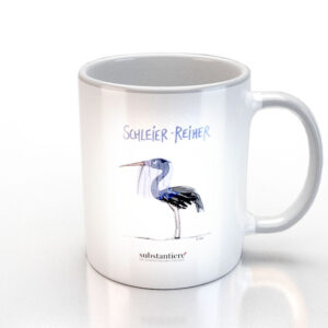 Tasse außen und innen weiß, außen bedruckt mit dem „Schleier-Reiher“