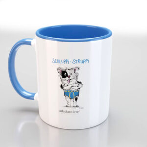 Tasse außen weiss und mit dem Schluppi-Struppi bedruckt, innen hellblau