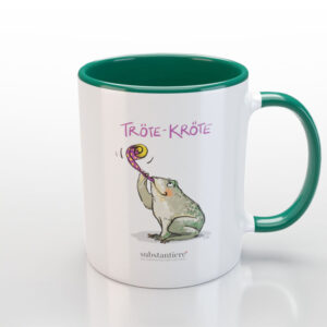 Tasse außen weiss, innen dunkelgrün, mit dem Motiv „Tröte-Kröte“
