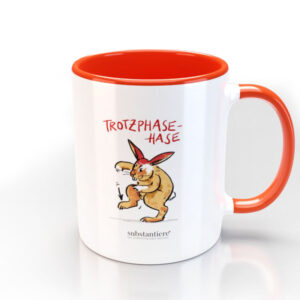 Tasse außen weiss und mit dem Trotzphasen-Hasen bedruckt, innen orange-rot
